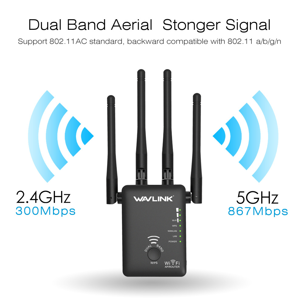 WAVLINK WL-WN575A3B WiFi Amplifier 802.11AC 1200Mbps Dual Band WiFi Range Extender WiFi Repeater - Black