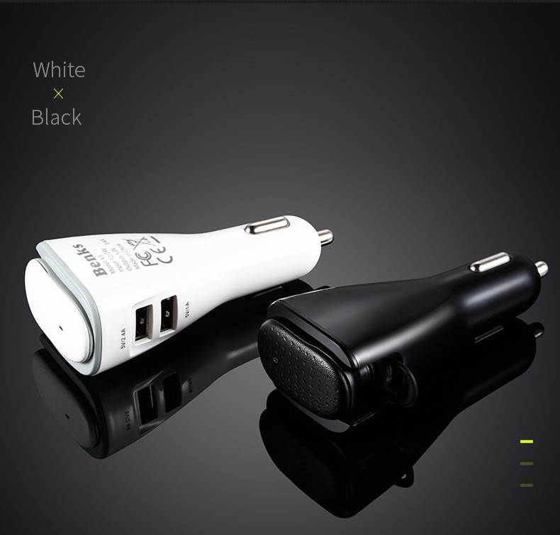 Benks 2 in 1 Car Charger Dual USB With Wireless Bluetooth 4.1 Earphone Headphone 5V 2.4A Fast Charging Car Adapter - Black
