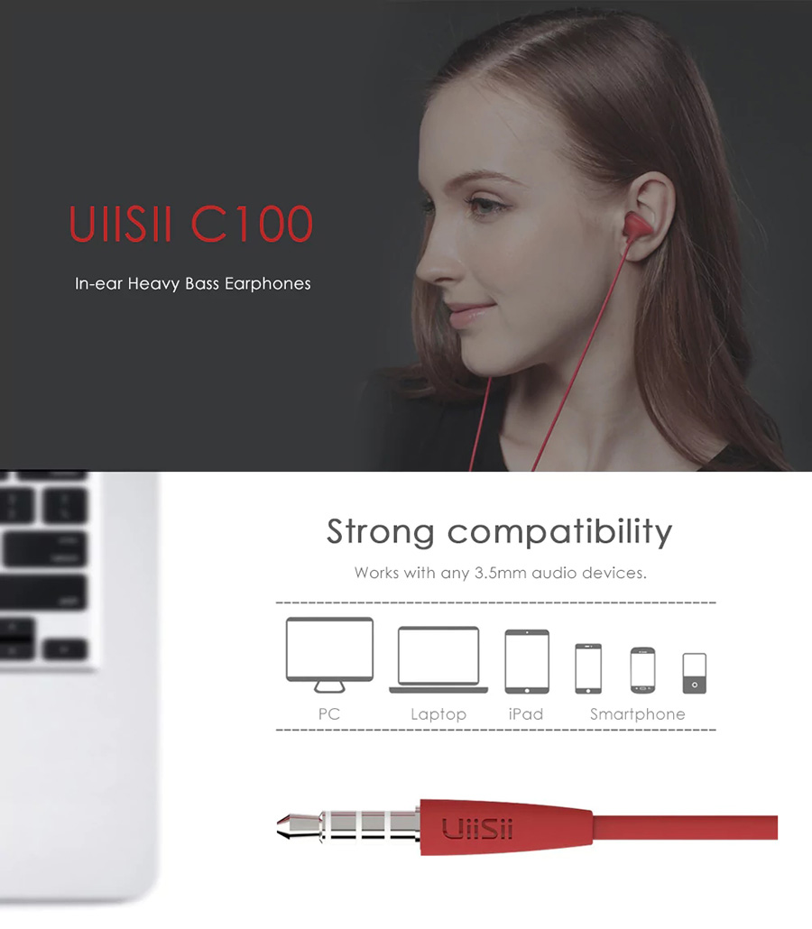 UIISII C100 In-ear Wired Earphones with Mic HIFI Heavy Bass Stereo - White