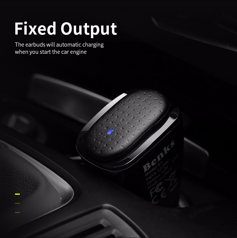 Benks 2 in 1 Car Charger Dual USB With Wireless Bluetooth 4.1 Earphone Headphone 5V 2.4A Fast Charging Car Adapter - Black