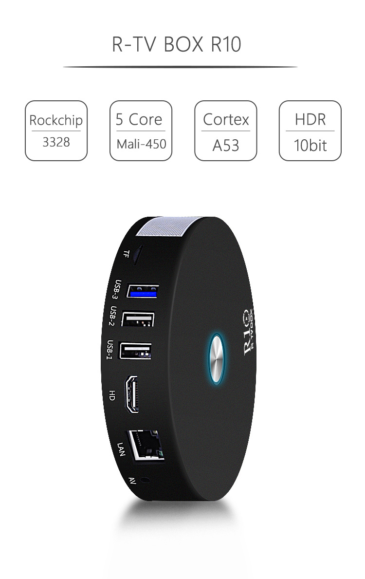 R-TV BOX R10 Android 7.1.2 4GB/64GB KODI 17.4 RK3328 4K TV BOX 802.11AC WIFI 1000M LAN VP9 HDMI Bluetooth USB3.0 - Black