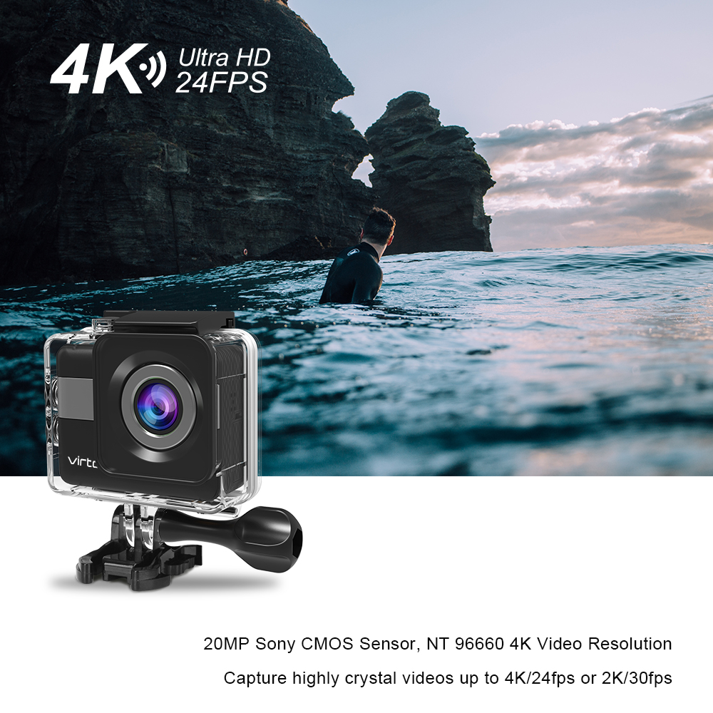 Virtoba VK-5 Action Camera + Accessories Kit NTK96660 Sony IMX078 2.31 Inch TFT LCD Action Camera 4K 170 Degrees Wide Angle - Black