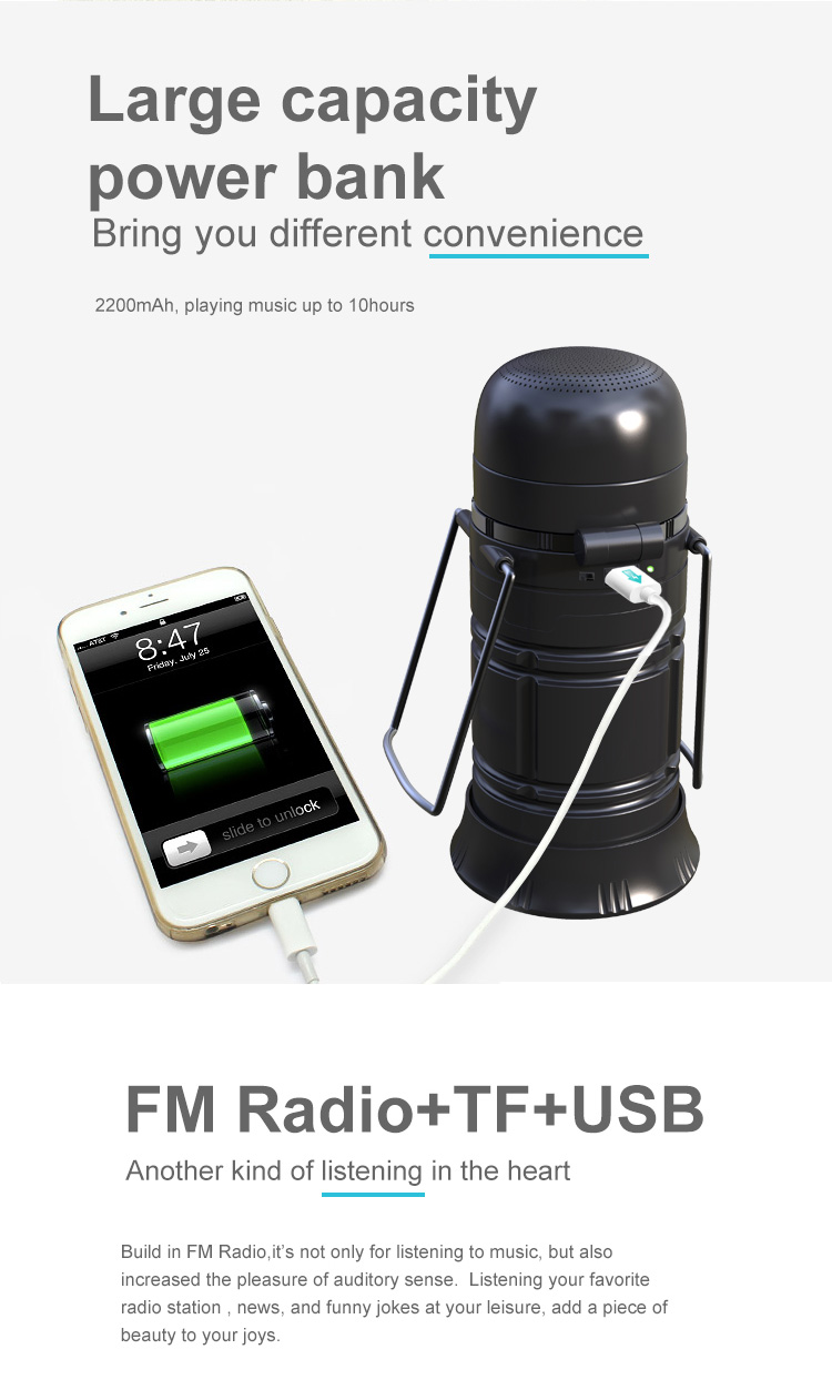 X5 Multi-functional Outdoor Bluetooth Speaker Light Call Reminder FM Radio Power Bank - Black
