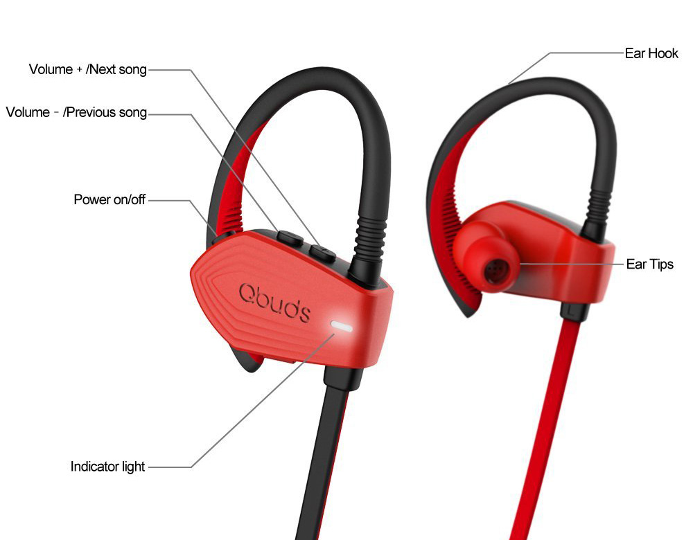 Qbuds SH810 In-ear Bluetooth Sports Earbuds HiFi CVC 6.0 Noise Cancelling - Red