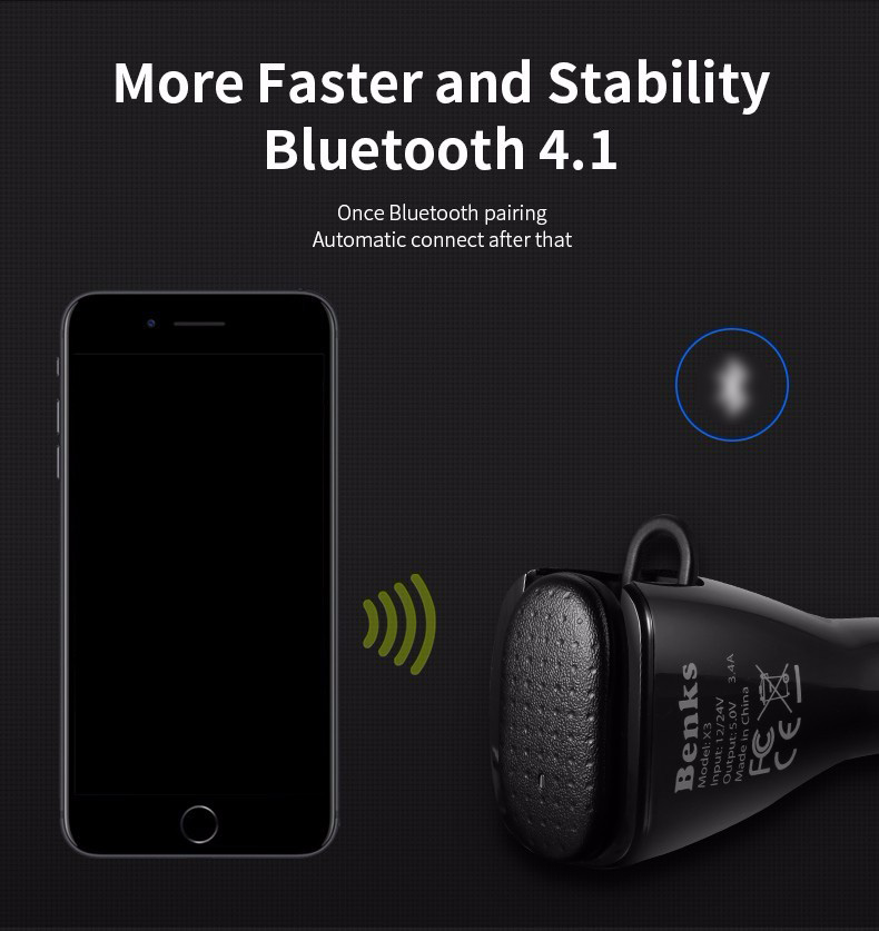 Benks 2 in 1 Car Charger Dual USB With Wireless Bluetooth 4.1 Earphone Headphone 5V 2.4A Fast Charging Car Adapter - Black