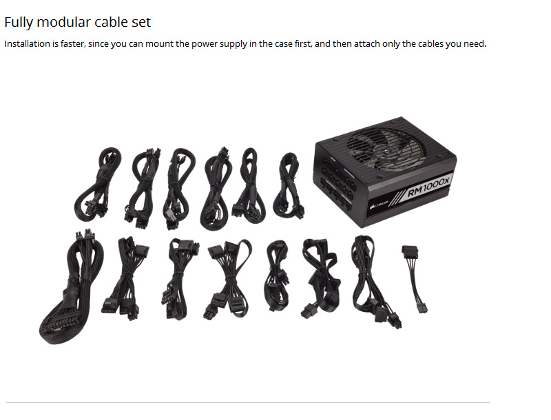 Corsair RM1000x 1000W Fully Modular Power Supply 80 Plus Gold Certified - Black