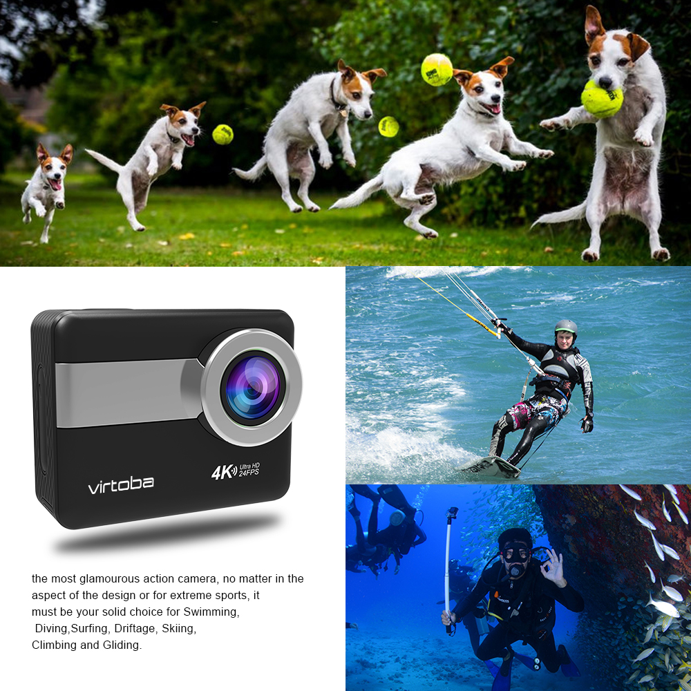 Virtoba VK-5 Action Camera + Accessories Kit NTK96660 Sony IMX078 2.31 Inch TFT LCD Action Camera 4K 170 Degrees Wide Angle - Black