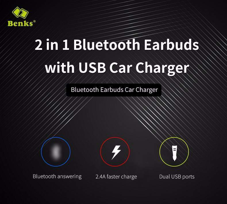 Benks 2 in 1 Car Charger Dual USB With Wireless Bluetooth 4.1 Earphone Headphone 5V 2.4A Fast Charging Car Adapter - Black