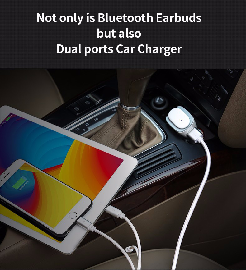 Benks 2 in 1 Car Charger Dual USB With Wireless Bluetooth 4.1 Earphone Headphone 5V 2.4A Fast Charging Car Adapter - Black