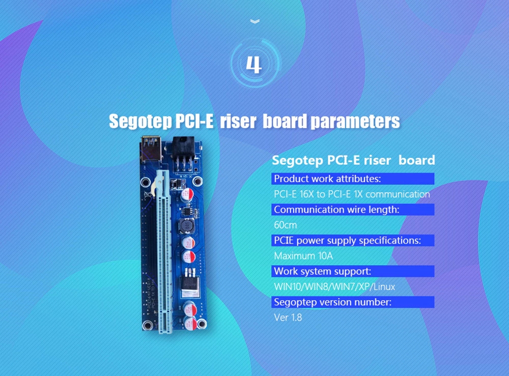 Segotep PCI-E 6-pin Extender Riser Card Adapter 16x to 1x USB 3.0 Data Cable For Bitcoin Mining - Blue