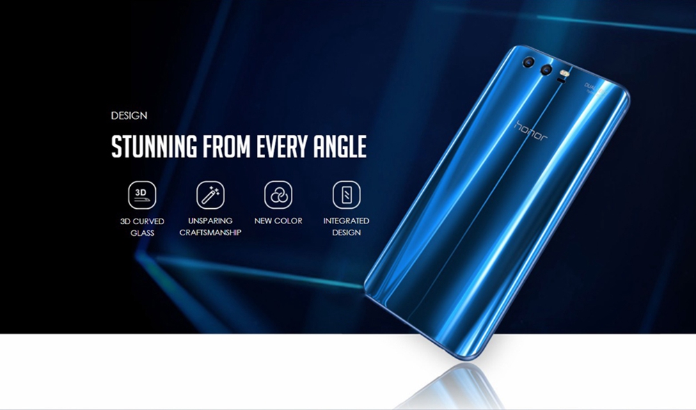 HUAWEI Honor 9 5.15 Inch Smartphone FHD Screen 6GB 128GB Hisilicon Kirin 960 Octa Core 20.0MP + 12.0MP Dual Rear Cam Android 7.0 Touch ID NFC 3D Curved Glass Body - Blue
