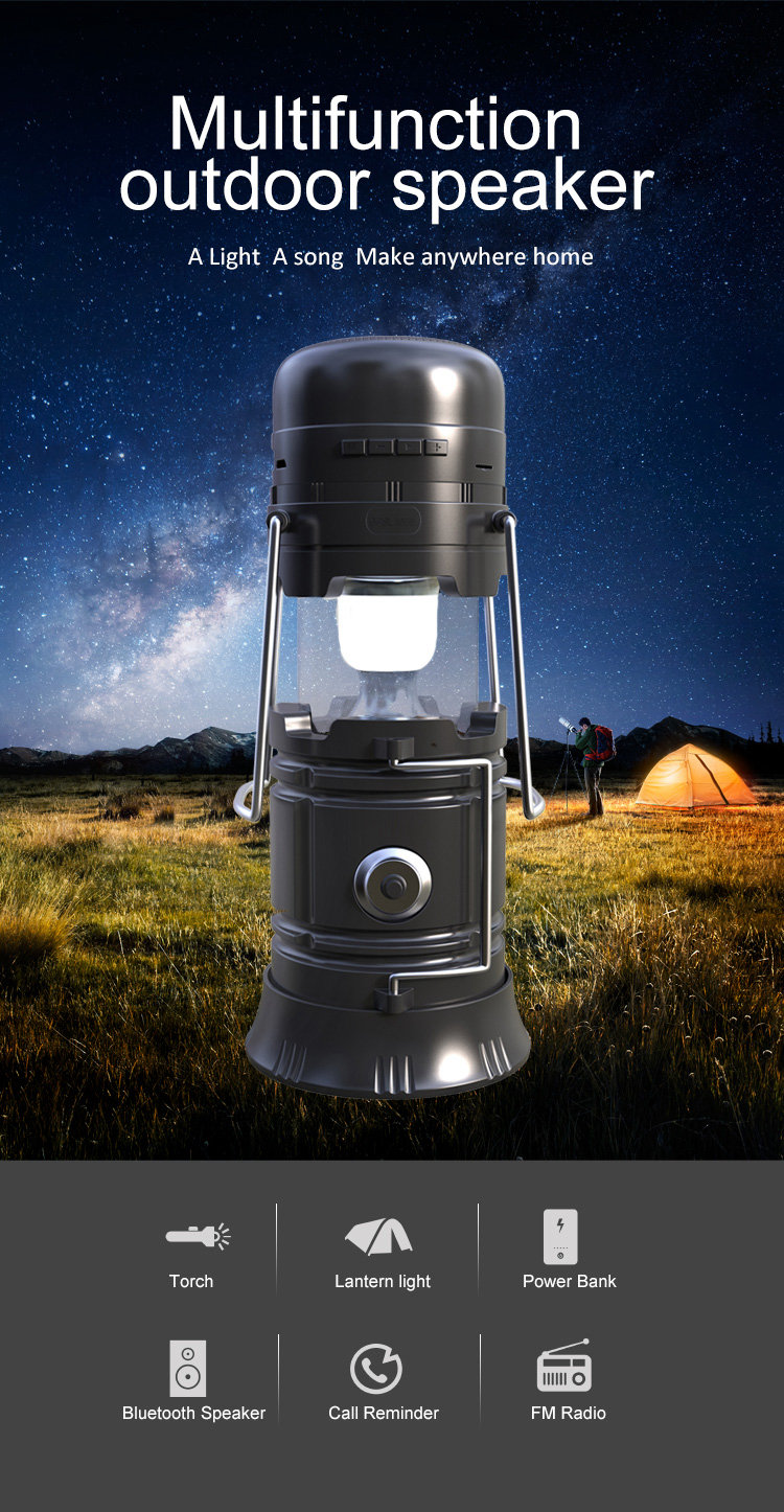 X5 Multi-functional Outdoor Bluetooth Speaker Light Call Reminder FM Radio Power Bank - Black