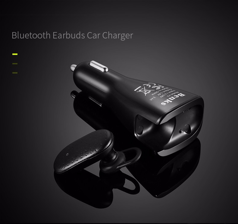 Benks 2 in 1 Car Charger Dual USB With Wireless Bluetooth 4.1 Earphone Headphone 5V 2.4A Fast Charging Car Adapter - Black