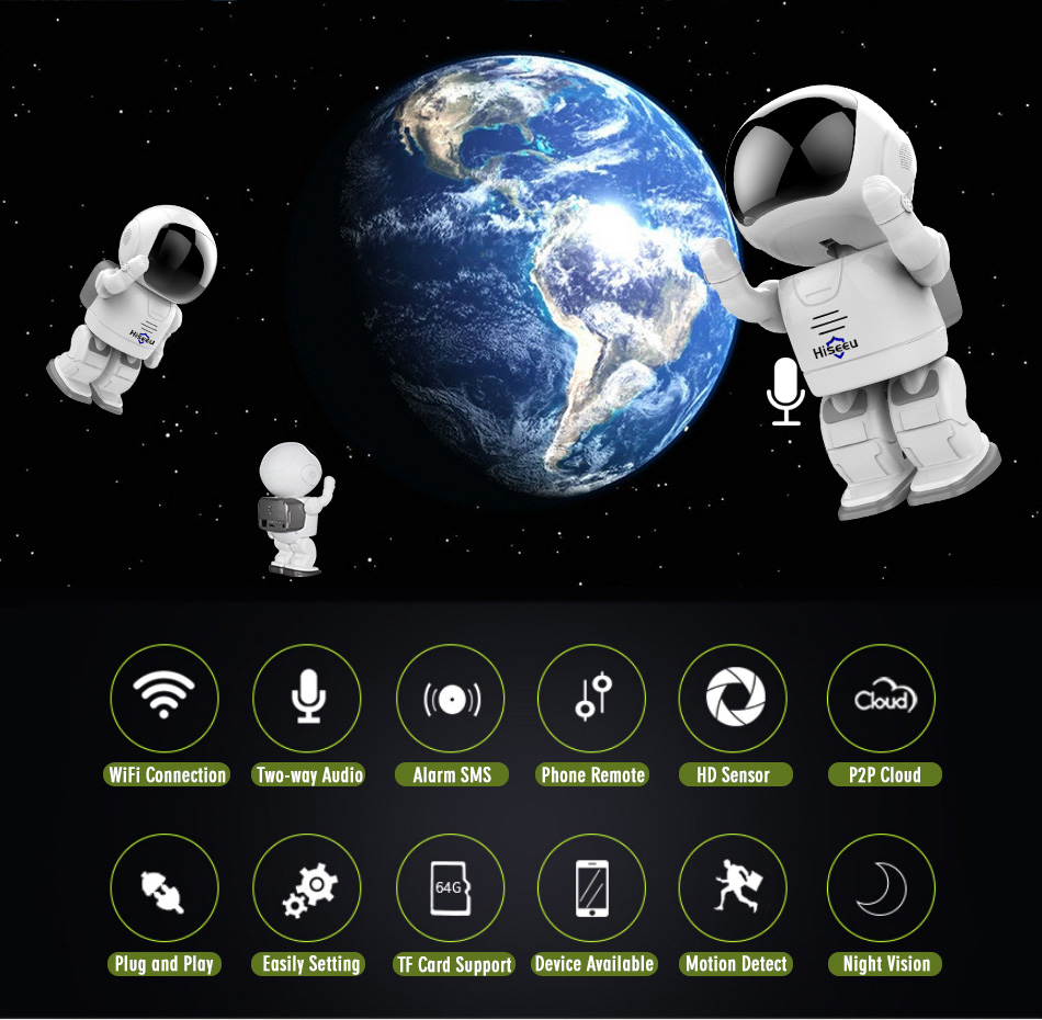 Hiseeu FM3 WiFi 960P Robot IP Camera 1.3MP Night Vision Two-way Audio Onvif Motion Detection Security Camera -White