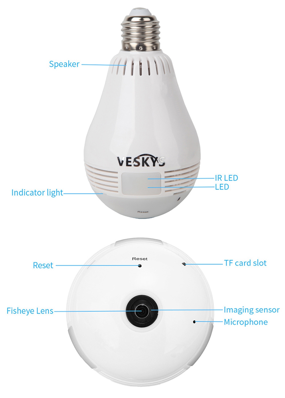 VESKYS Q3-130 960P WiFi IP Camera 360 Degree Fish Eye CMOS Sensor Night Vision Motion Detection Alarm Security Camera -White