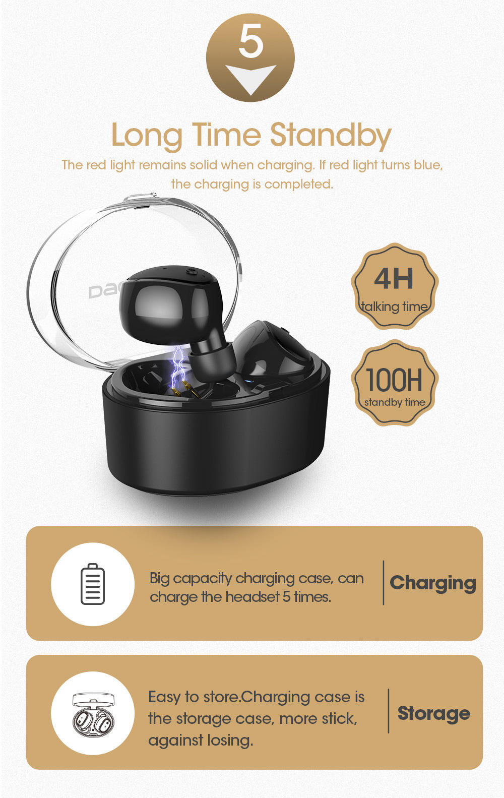 DACOM S030 TWS Wireless Bluetooth Headphones with Mic Charging Box - Black