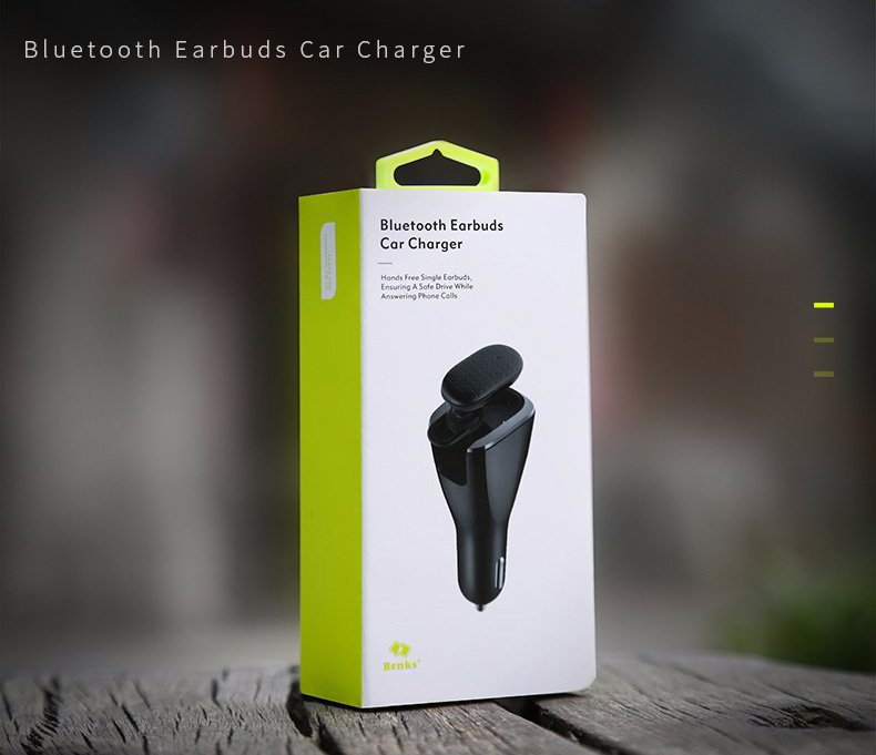 Benks 2 in 1 Car Charger Dual USB With Wireless Bluetooth 4.1 Earphone Headphone 5V 2.4A Fast Charging Car Adapter - Black
