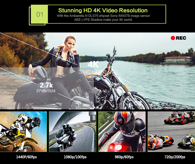 AEE LYFE SHADOW Ambarella A12 Sony IMX078 Diving Action Camera 4K 30FPS WiFi 140 Degree Wide Angle 1050mAh - Black