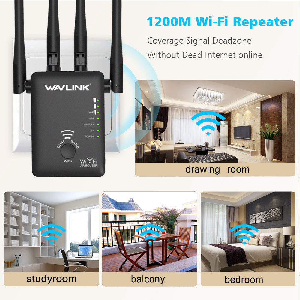 WAVLINK WL-WN575A3B WiFi Amplifier 802.11AC 1200Mbps Dual Band WiFi Range Extender WiFi Repeater - Black