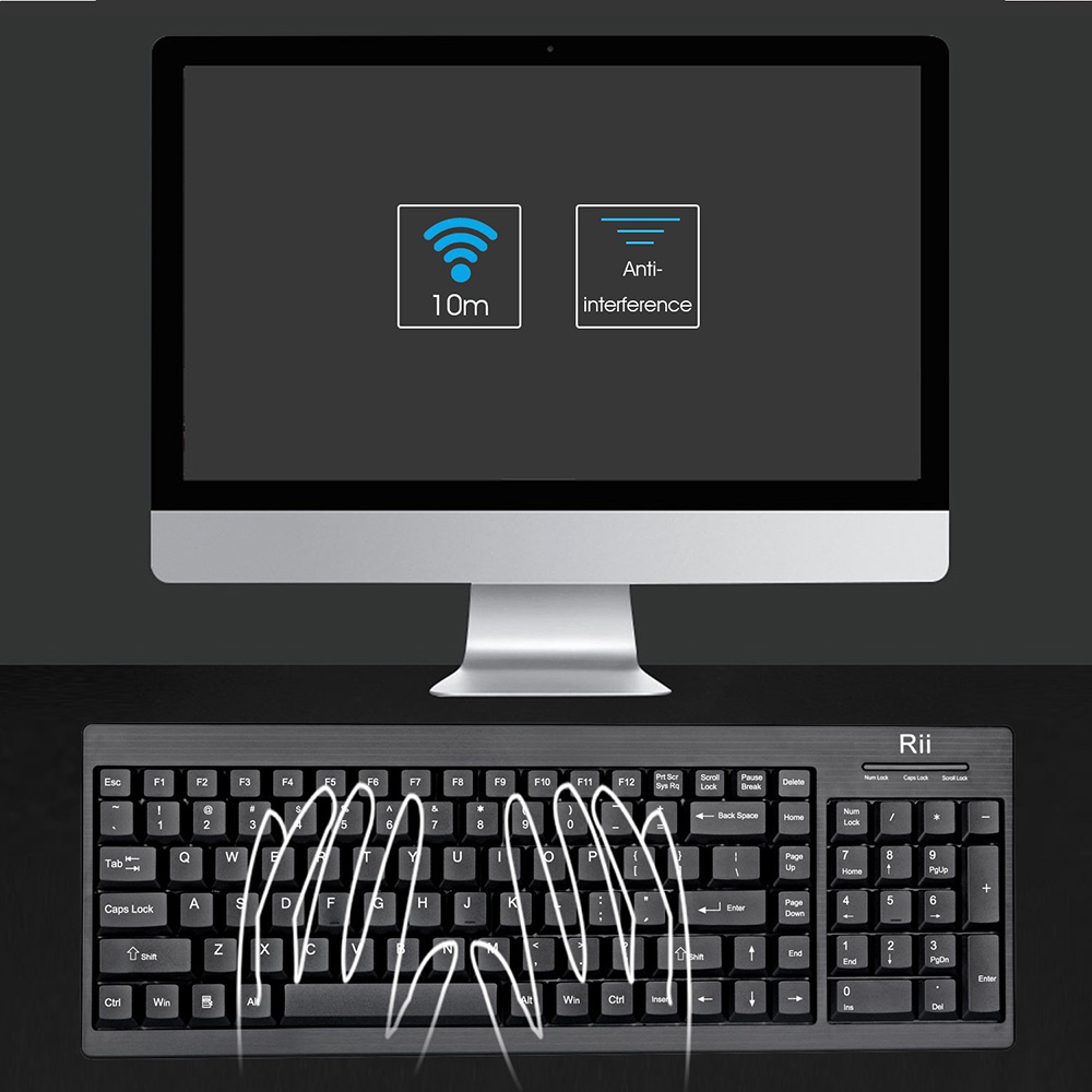 Rii RK901 Wireless Keyboard 2.4G Ultra-thin Compact With Nano Receiver For Smart TV Laptop PC 104 Keys - Black