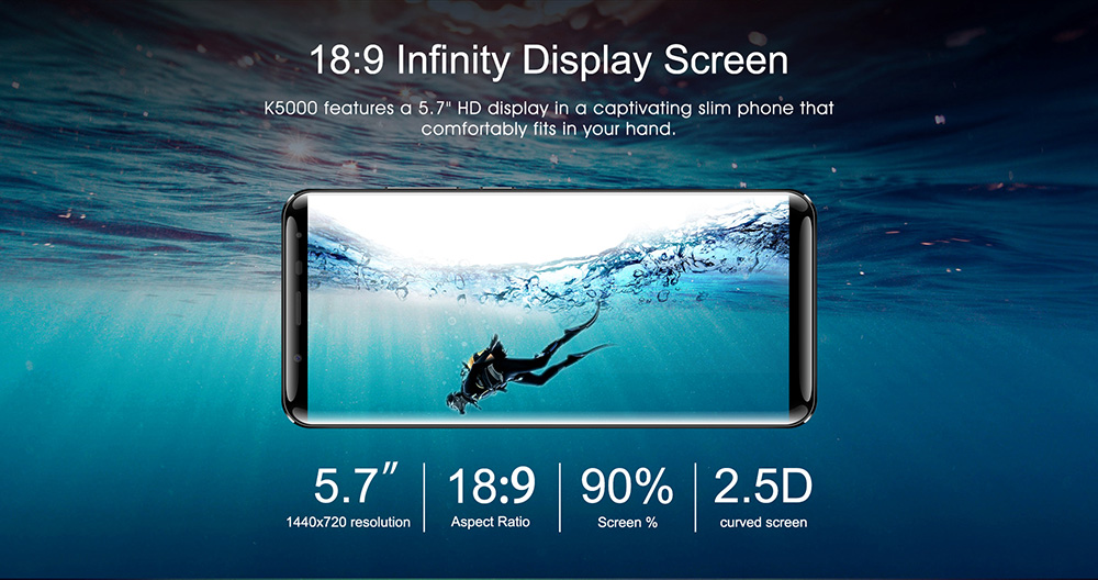 OUKITEL K5000 5.7 Inch Smartphone 4GB 64GB MT6750T Octa Core Android 7.0 Touch ID 21.0MP 16.0MP 5000mAh - Black