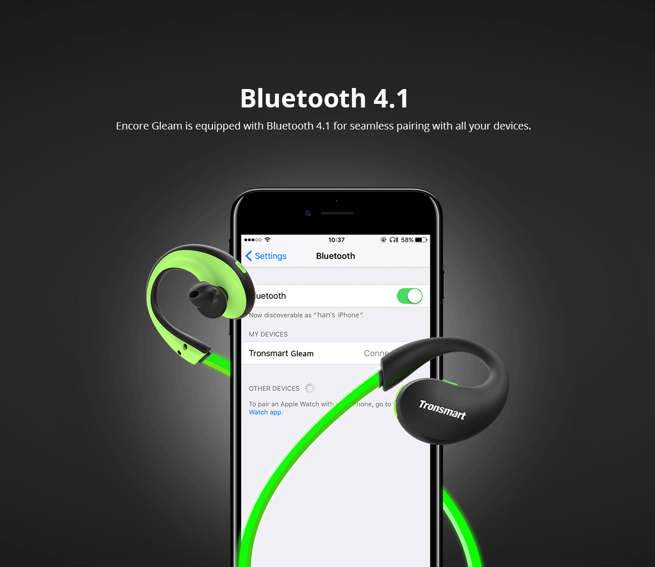 Tronsmart Encore Gleam Bluetooth Headphones with Mic LED lights IP66 Water-resistance - Green + Black