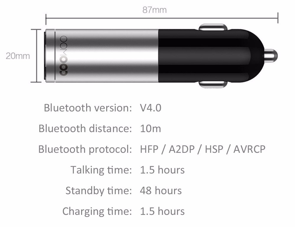 Xiaomi Mijia COOWOO BC200 Car Bluetooth Headset With Single USB Port - Silver + Black