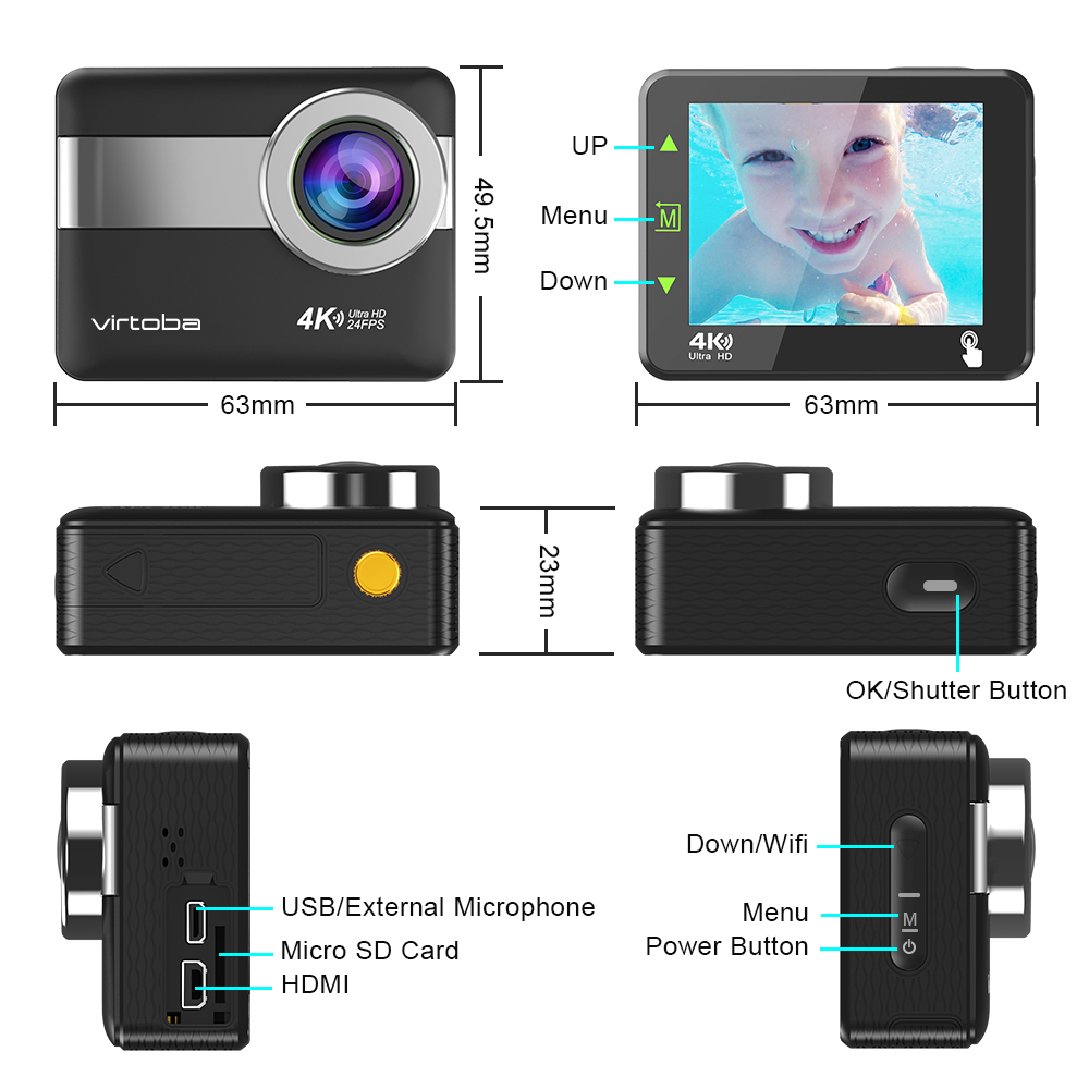 Virtoba VK-5 Action Camera + Accessories Kit NTK96660 Sony IMX078 2.31 Inch TFT LCD Action Camera 4K 170 Degrees Wide Angle - Black
