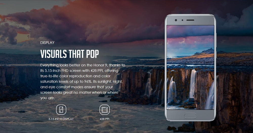 HUAWEI Honor 9 5.15 Inch Smartphone FHD Screen 6GB 128GB Hisilicon Kirin 960 Octa Core 20.0MP + 12.0MP Dual Rear Cam Android 7.0 Touch ID NFC 3D Curved Glass Body - Blue