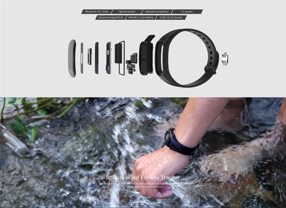 MGCOOL Band 4 Bluetooth Continuous HR monitor Splash-proof Calories burned IP67 Water Resistant Smartband for Android iOS - Black