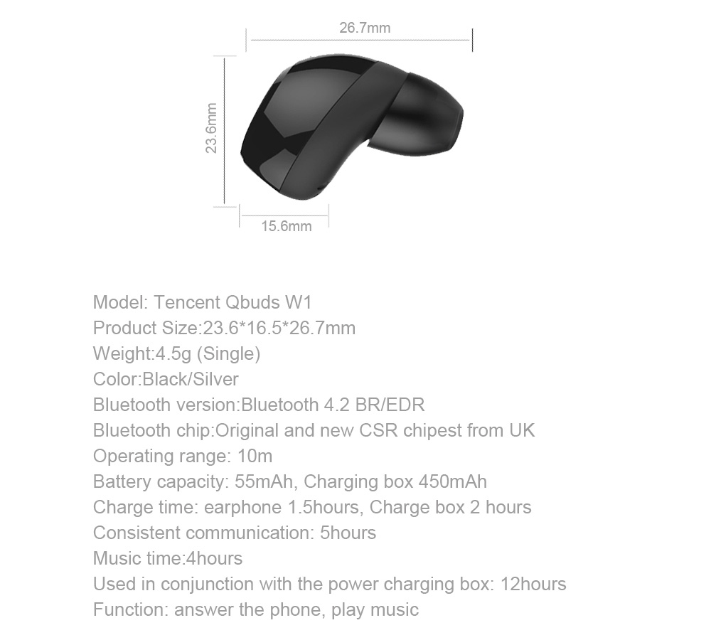 Qbuds W1 TWS Dual Bluetooth Headphones with Charging Dock CVC 6.0 Noise Cancelling - Black
