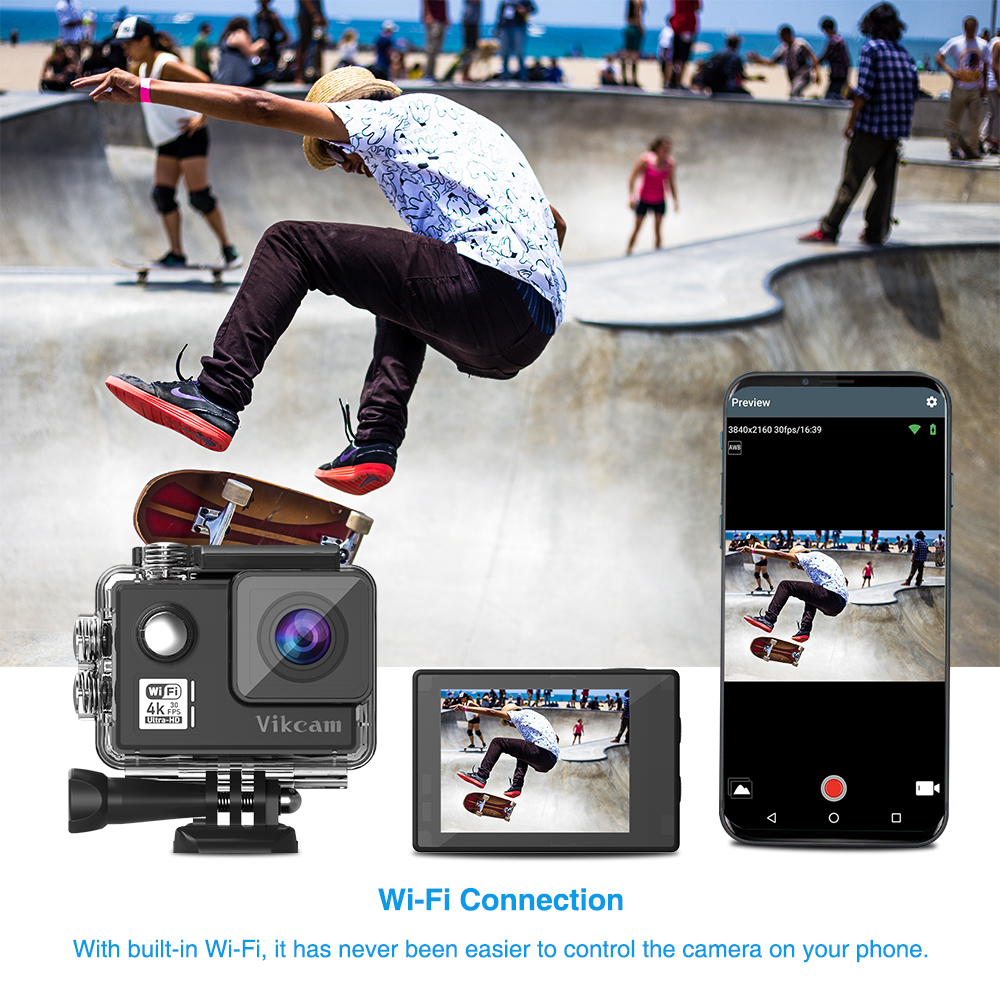 Vikcam V50 iCatch V50 Panasonic 34112 2.0 Inch LCD Action Camera 4K 30FPS Wifi Dual Screens 170 Degree Wide Angle 1050mAh - Black