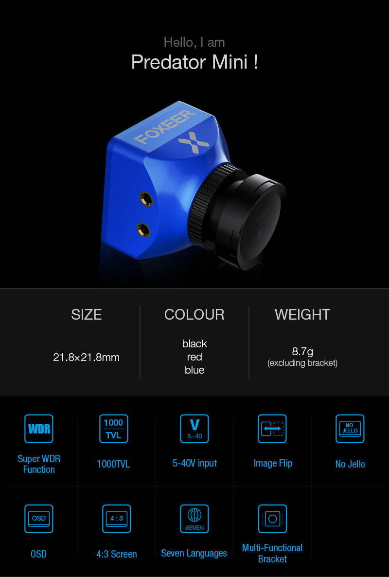 Foxeer Predator Mini S-WDR 1000TVL 2.5mm 4:3 Wide Voltage 5-40V FPV Camera PAL - Red