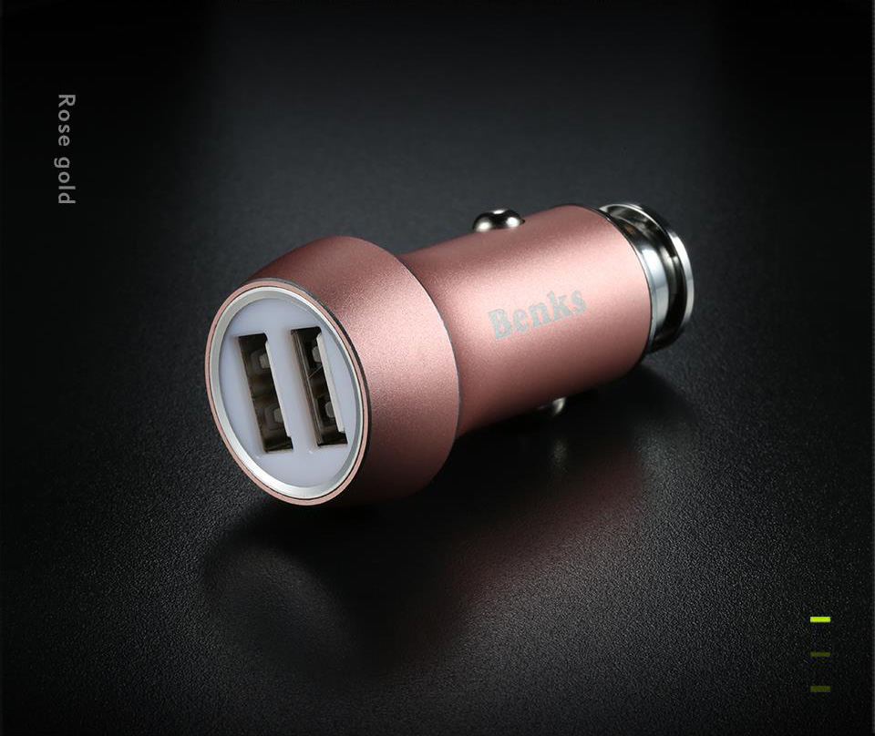 Benks C24 Car Charger Dual USB Ports 5V 2.4A Fast Charging Intelligent Protection Widely Compatible - Rose Gold