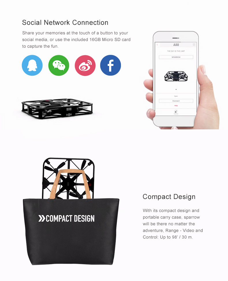 AEE Sparrow 360 WIFI FPV with 1080P Camera Avoid Obstacles Optical Flow Positioning RC Quadcopter BNF - Black