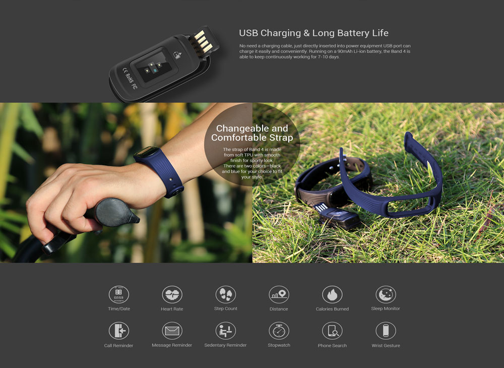 MGCOOL Band 4 Bluetooth Continuous HR monitor Splash-proof Calories burned IP67 Water Resistant Smartband for Android iOS - Black