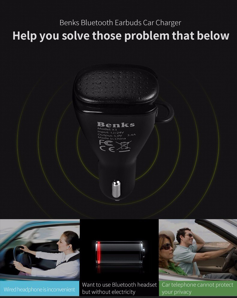Benks 2 in 1 Car Charger Dual USB With Wireless Bluetooth 4.1 Earphone Headphone 5V 2.4A Fast Charging Car Adapter - Black