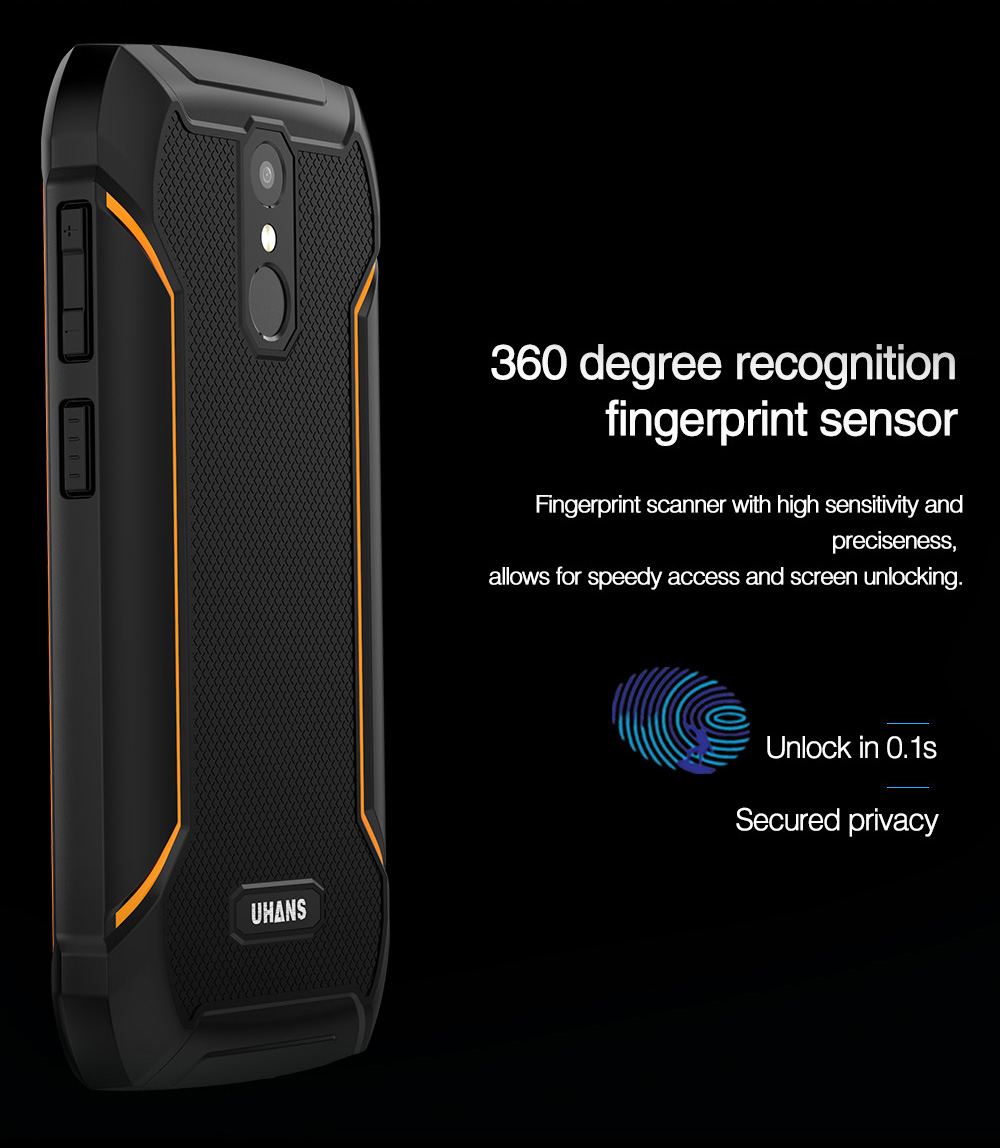 Uhans K5000 5.0 Inch 4G LTE Smartphone IP68 Waterproof 3GB 32GB MT6753 Octa-core Android 7.0 13.0MP+5.0MP Cam Touch ID 5000mAh Large Battery - Orange