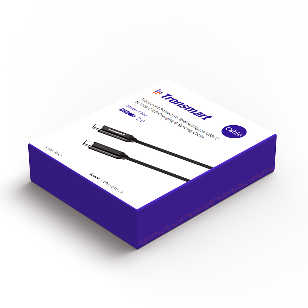 Tronsmart 2 Packs 1.8m/6ft Type-C/Male 2.0 to Type-C/Male 2.0 Sync & Charging Cable for Type-C Supported Devices - Black