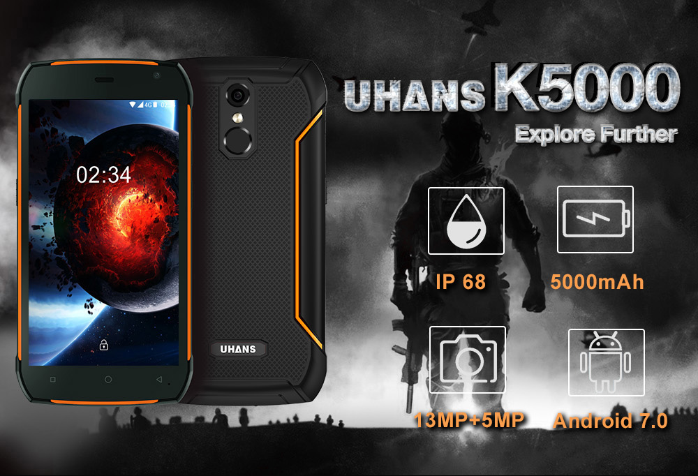 Uhans K5000 5.0 Inch 4G LTE Smartphone IP68 Waterproof 3GB 32GB MT6753 Octa-core Android 7.0 13.0MP+5.0MP Cam Touch ID 5000mAh Large Battery - Orange