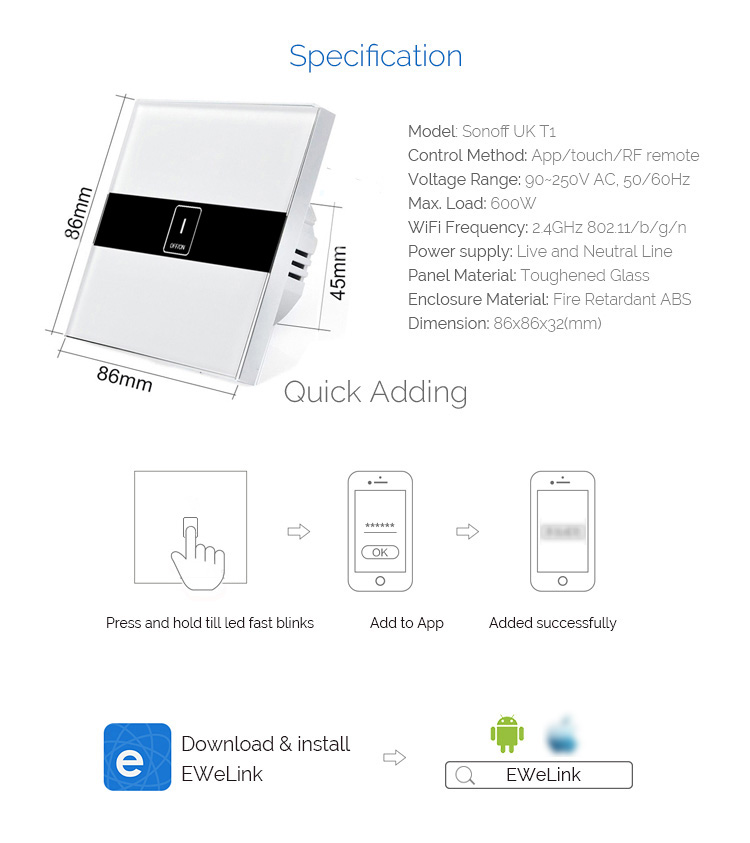 Geekbes WiFi Smart Touch Switch 1 gang Glass Panel Timing APP Control with Amazon Alexa Google Home -White/US Plug