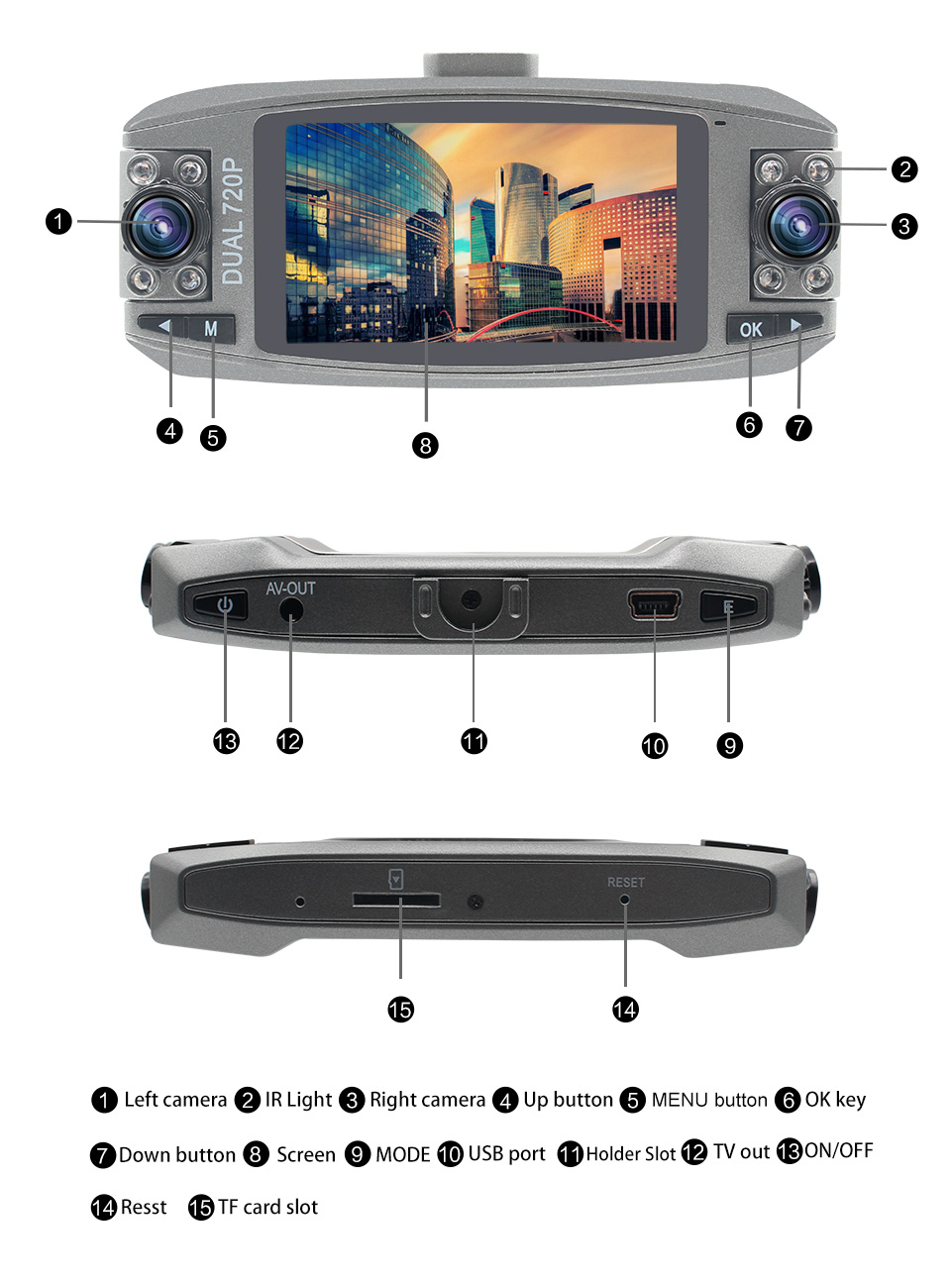 F80 NT96655 2.7 Inch Dash Camera 1080P FHD With Dual Lenses 120 Degree Wide Angle 350 Degree Rotation Night Vision - Grey