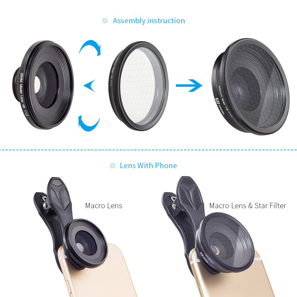Apexel APL-25SR 10X 25mm Macro Lens & Star Filter Phone Camera Lens - Black