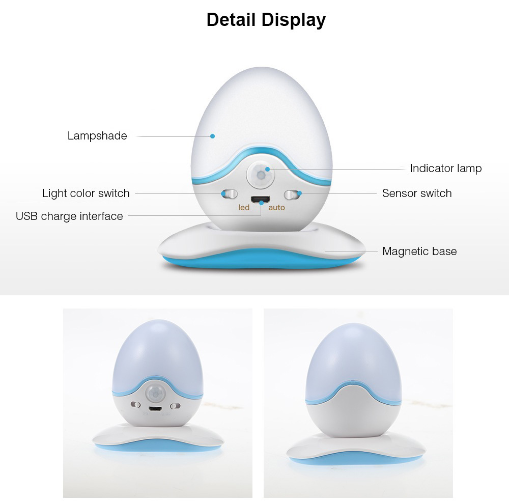 Body Sensor LED Night Light USB Charging 360 Degree Rotation Infrared Human Body Induction Egg Shape Decoration Light