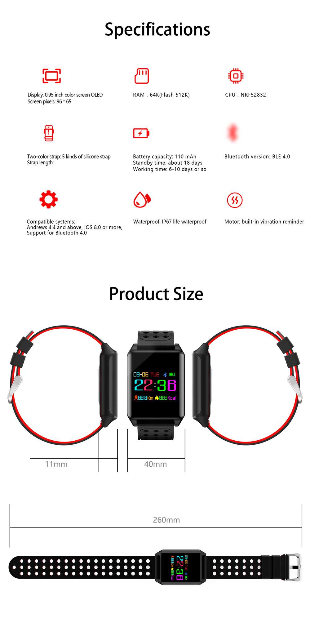 LYNWO M7 Smart Bracelet Heart rate Blood Oxygen Blood Pressure Monitor Fitness Tracker IP67 Water Resistant Compatible With IOS Android Stainless Steel - Black