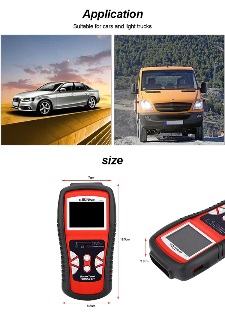 Konnwei KW830 OBDII Vehicle Diagnostic Scanner Tool Car Trouble Code Reader - Red + Black