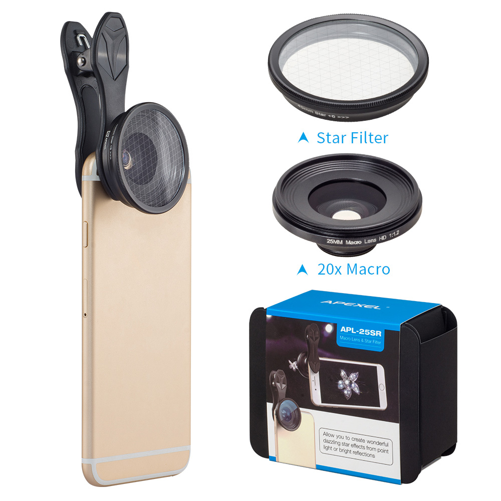 Apexel APL-25SR 10X 25mm Macro Lens & Star Filter Phone Camera Lens - Black