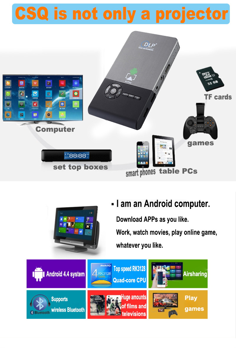 C2 DLP Mini Pocket Projector Android 1GB/16GB 2.4G/5G WIFI Eshare/Airplay/MiraCast - Black