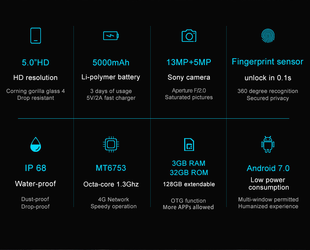 Uhans K5000 5.0 Inch 4G LTE Smartphone IP68 Waterproof 3GB 32GB MT6753 Octa-core Android 7.0 13.0MP+5.0MP Cam Touch ID 5000mAh Large Battery - Orange