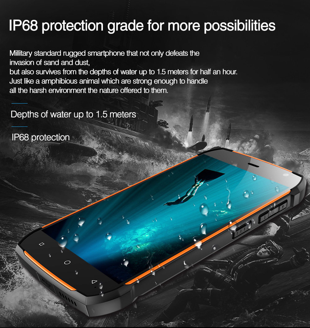 Uhans K5000 5.0 Inch 4G LTE Smartphone IP68 Waterproof 3GB 32GB MT6753 Octa-core Android 7.0 13.0MP+5.0MP Cam Touch ID 5000mAh Large Battery - Orange
